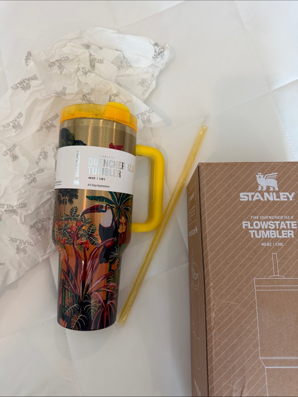 Stanley Tropical Print Quencher Tumbler with Yellow Handle and Lid